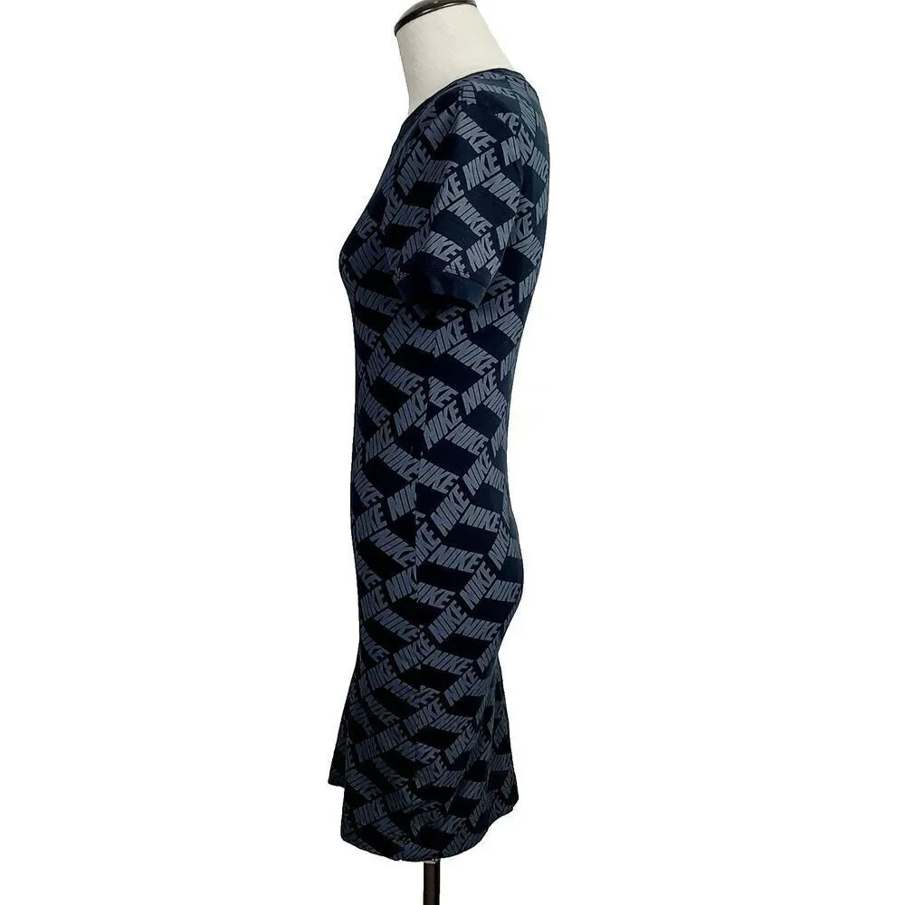 Nike Allover Print T-Shirt Dress S Black Gray Stretch‎ Knit Bodycon Knee Length
